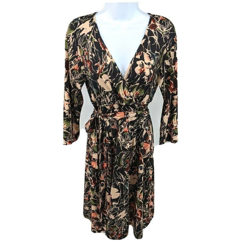 Leona Edmiston Faux‎ Wrap Dress Floral V Neck Belted 3/4 sleeve Australia  XS US